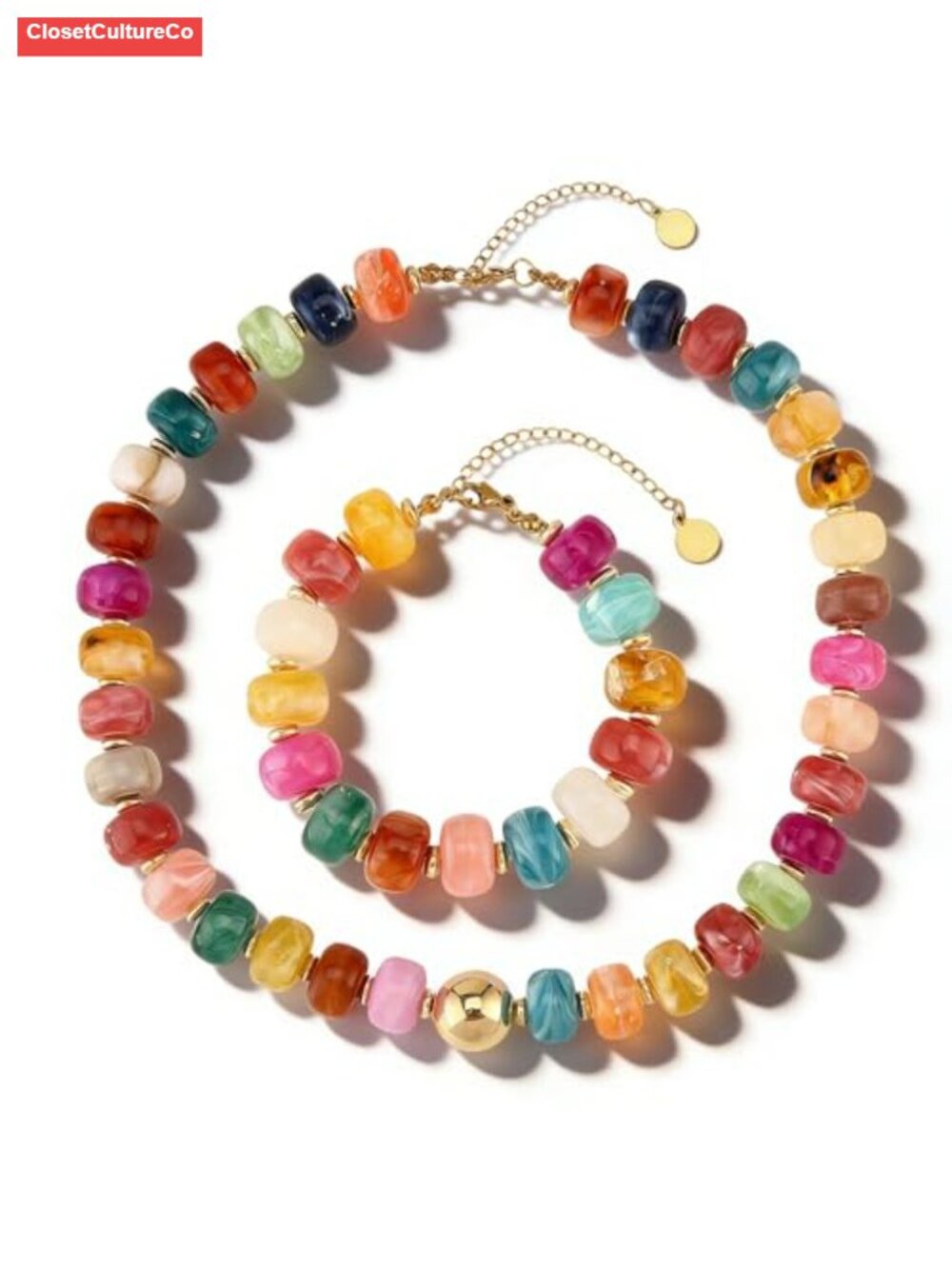 Resin Chunky Beaded Necklace Gold Plated Bohemian Statement Jewelry